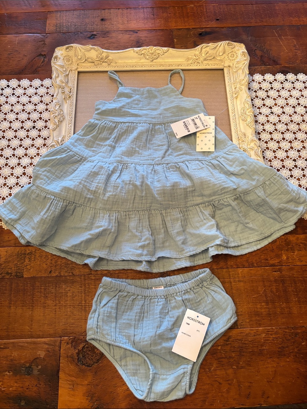 Nordstrom Kids Pale Blue Tiered Sundress with Matching Bloomer Size 18 Mo. NWT